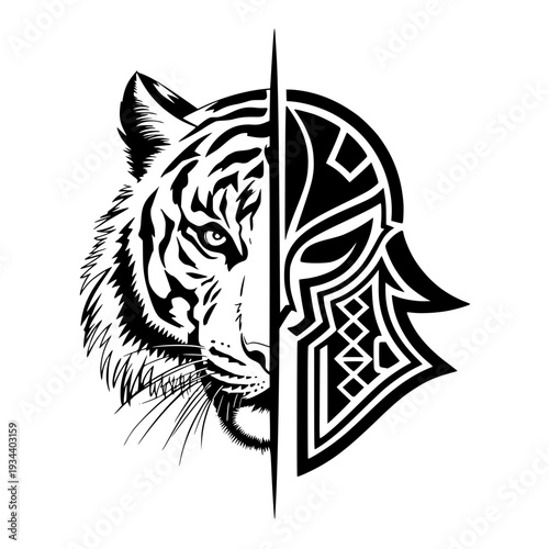 Tiger and knight helmet split design with bold graphic style