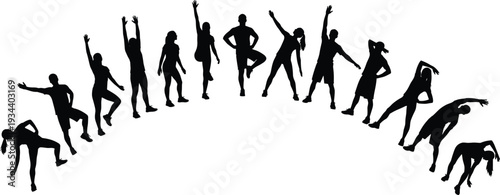 Black silhouettes of people dancing in various poses white background