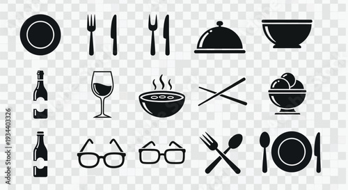 Collection of black silhouette icons depicting various dining and kitchen items