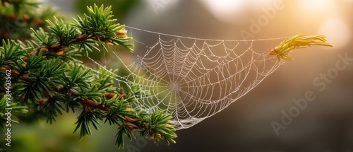 Dew drops adorn a spider web among green branches with sunlight shining through at sunrise, capturing morning light in nature