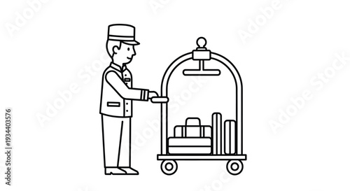 Line drawing of a hotel bellhop with luggage on a cart