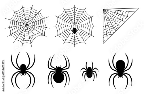 Spider Web and Spiders Black Vector Illustration