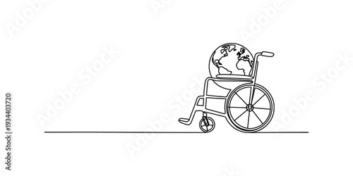 Continuous line drawing of a globe in a wheelchair, symbolizing global accessibility and disability rights. Vector, illustration