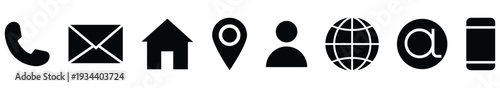 Telephone, name, website, location, address and more black icons. Contact information, Contact us icon vector. Vector illustration.