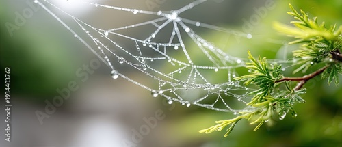 Beautiful spider web with dew on it against nature backdrop at sunrise with sunlight rays shining through trees and plants in the background