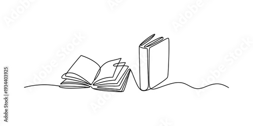 A minimalist continuous line drawing illustrating an open book and a closed book side by side Vector, illustration