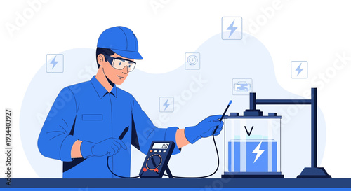 Electrician Testing Battery Power with Multimeter and Equipment