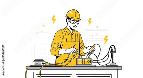 Electrician working with wires and equipment, electrical safety concept