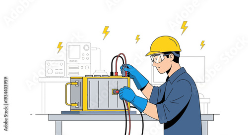 Electrician Testing Equipment with Safety Gear and Lightning Bolts Illustration