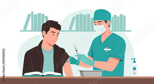 Doctor Administering Vaccine Injection to Patient in Medical Office with Bookshelf