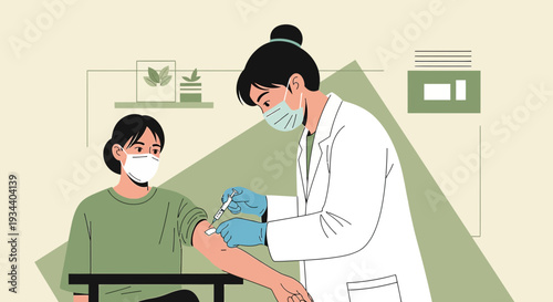 Doctor Administering Vaccine Injection to Patient Wearing Mask - Flat Illustration