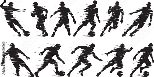 Silhouettes of soccer players in various kicking positions action