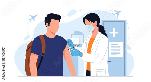 Doctor Administering Vaccine Injection to Traveler at Airport Clinic