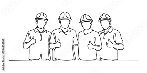 A continuous line drawing of four construction workers giving a thumbs up gesture, symbolizing teamwork and approval Vector, illustration