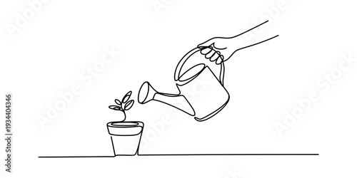 A continuous line art illustration showing a hand watering a small plant in a pot, symbolizing growth and care. Vector, illustration