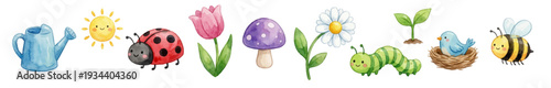 Cute spring clipart. Spring watercolor clipart set. Cute sun, bee, ladybug, mushroom, tulip, bird. Collection of Vector illustrations. Perfect for invitation, card, poster, banner, decoration