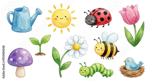  Watercolor spring icon set. Cute spring clipart set. Watering can, seedling, daisy, caterpillar, nest. Collection of Vector illustrations. Perfect for invitation, card, poster, banner, decoration