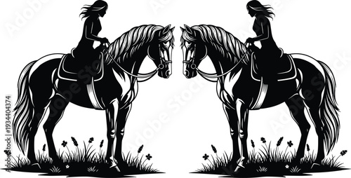 Black and white symmetrical silhouette illustration of two horseback riders facing each other, detailed horses with flowing manes, grassy terrain, floral accents, and artistic balanced composition.