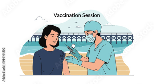 Doctor Administering Vaccine to Patient on Beach During Vaccination Session