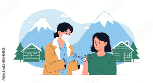 Doctor Administering Vaccine To Patient In Snowy Mountain Village