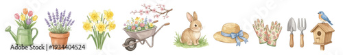 Spring garden watercolor clipart. Watercolor spring gardening set. Tulips, daffodils, wheelbarrow hat, gloves. Collection of Vector illustrations. Perfect for invitation, card, poster, banner, decor