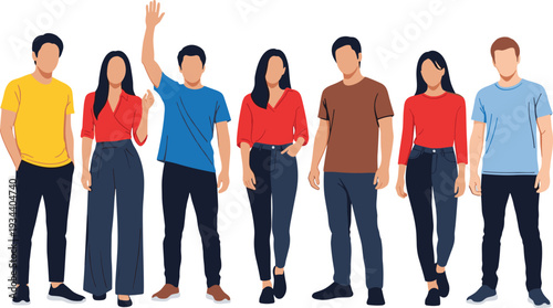 Set of seven diverse people standing in row, flat vector illustration, colorful casual characters, isolated on white background, minimalist design,
