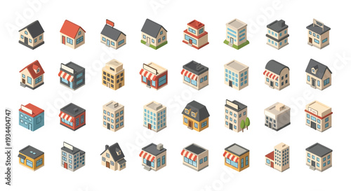 Isometric collection of colorful buildings and structures in a flat design