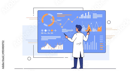 Doctor analyzing medical data charts on digital screen, healthcare analytics