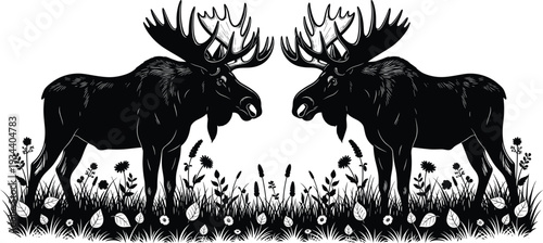Black Silhouette of Two Large Moose with Antlers Standing Face to Face in a Wildflower Meadow Field Isolated on White Background for Nature Design