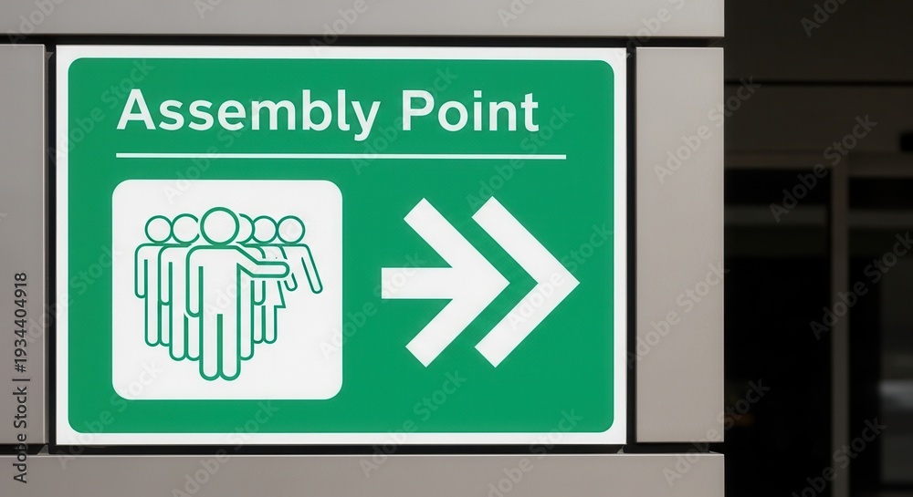 Fototapeta premium Assembly Point Sign Indicating Directional Guidance for Gathering and Grouping