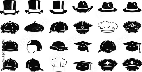 Collection of 24 black and white hat silhouette icons including cowboy hats, fedoras, baseball caps, helmets, chef hats, graduation caps, and police hats