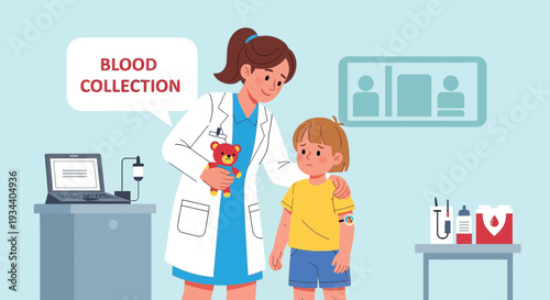 Doctor Comforts Child During Blood Collection for Medical Testing