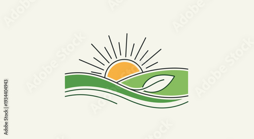 Green landscape with sunrise and leaf symbol representing renewable energy and sustainable future, eco friendly environment concept illustration, natural harmony and green development design, clean ea