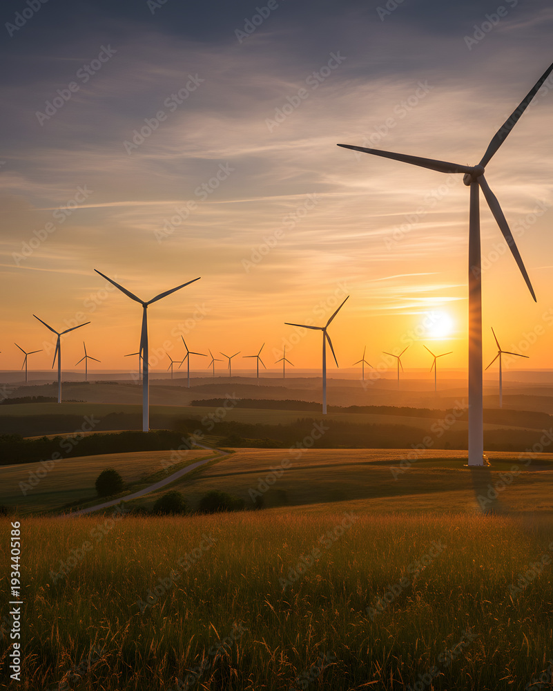 Obraz premium Scenic Landscape of Wind Turbine Farm at Sunset with Golden Light
