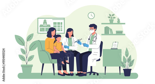 Doctor giving child vaccination in clinic while mother watches, healthcare concept