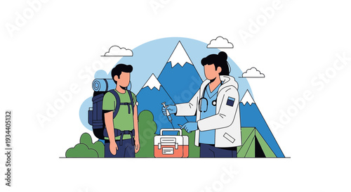 Doctor gives traveler vaccine in mountain camp, outdoor medical care concept
