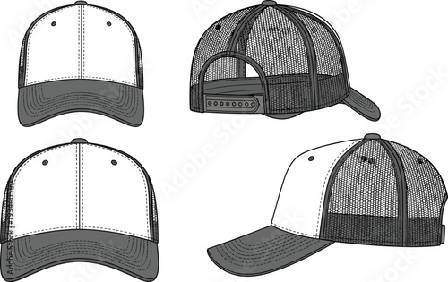 Trucker Cap Mockup Set with Front, Side and Back Views in Detailed Monochrome Line Art Illustration