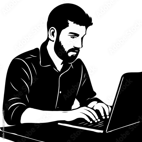 Businessman Working on Laptop – Black Silhouette Vector Illustration