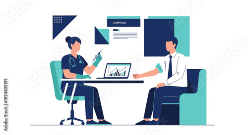 Doctor giving injection to patient in clinic, medical illustration flat design