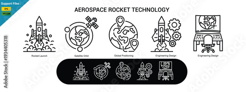 aerospace rocket technology  icons including rocket launch, satellite orbit, global positioning, engineering design, and ground control system. outline icon set