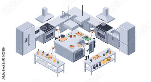 Isometric illustration of a busy professional kitchen with chefs preparing meals