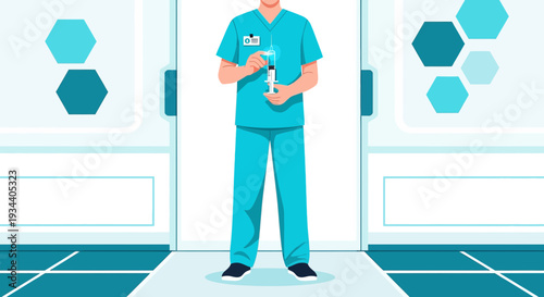 Doctor Holding Syringe in Modern Medical Clinic for Vaccination or Treatment