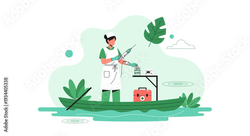 Doctor in Boat Administering Medical Treatment in Nature