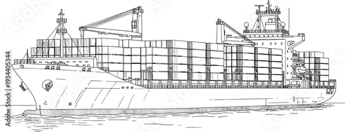 Container Cargo Ship at Sea Detailed Maritime Freight Transport Line Art Vector Illustration