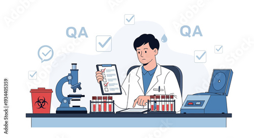 Doctor in Lab Coat Checking Medical Test Results with Microscope and Blood Samples