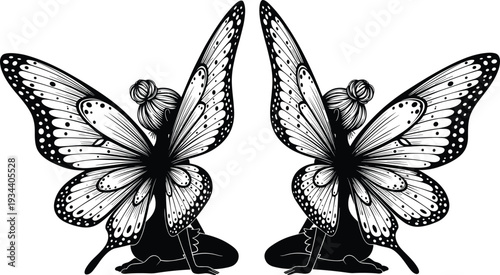 Detailed Black Silhouette of Two Fairies with Large Ornate Butterfly Wings Sitting Back to Back Isolated on White Background for Mystical and Fantasy Design