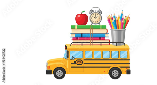School bus loaded with books apple pencils and a vintage alarm clock