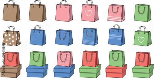 Colorful shopping bags and gift boxes flat vector illustration set with paper packages retail and sale concept