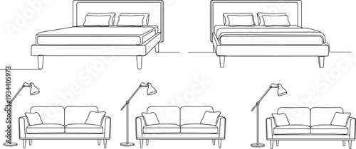Modern Bedroom and Living Room Furniture Set Featuring Bed, Sofa and Floor Lamp in Minimal Monochrome Line Art Illustration