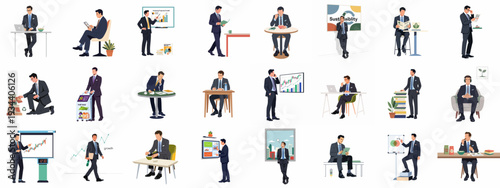 Diverse business illustrations of professional men engaged in corporate tasks, financial analysis, presentations, and sustainable practices in various office settings.